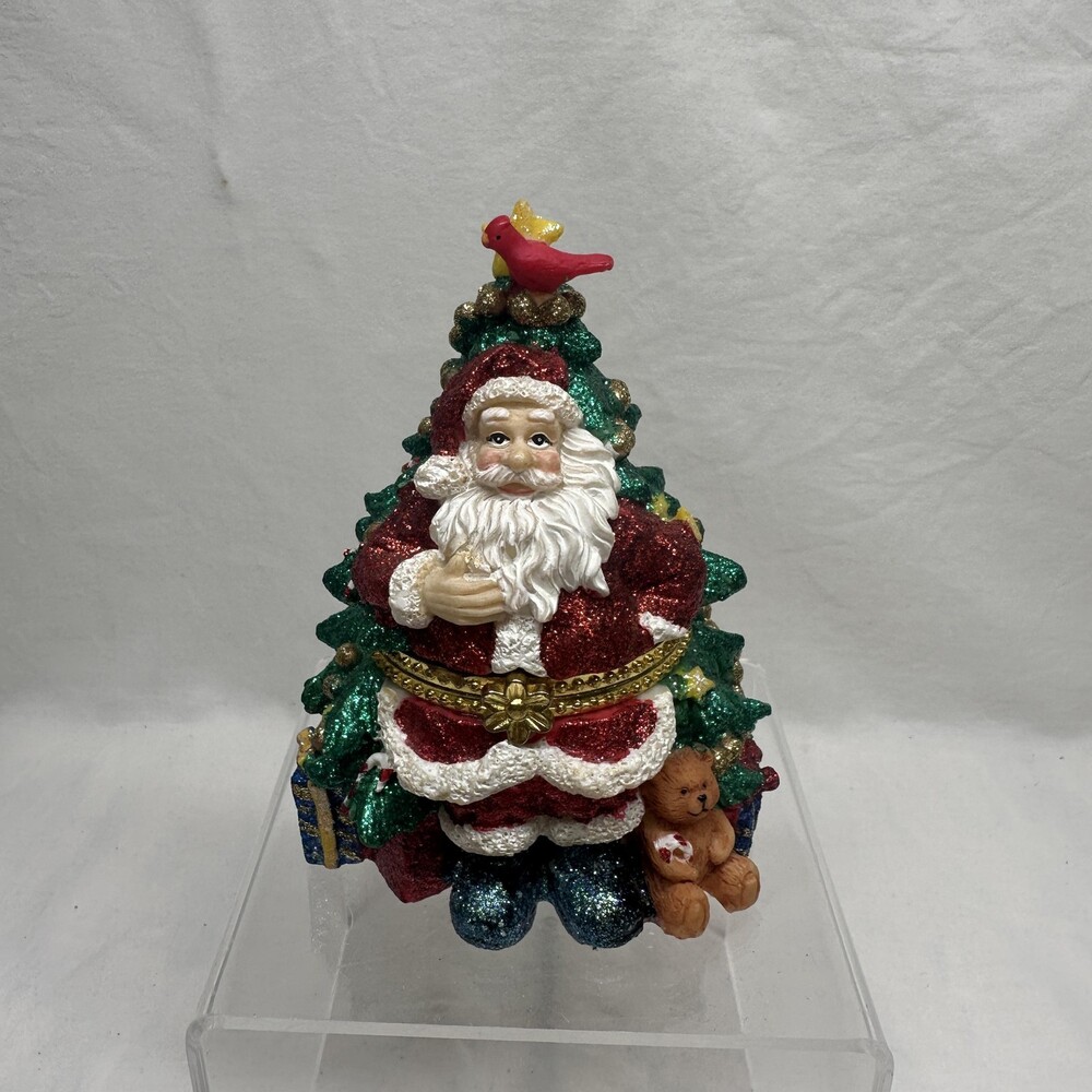 Cardinal Inc Santa Christmas Tree Hinged Trinket Box Glitter Handpainted G6443